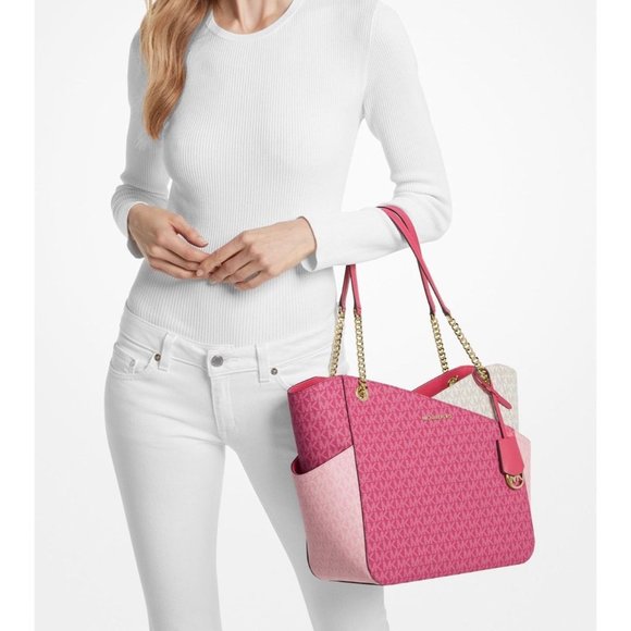 Michael Kors Shoulder Bag Xchain Jet Set LG Color-Block Logo Tote Electric Pink - Picture 3 of 11